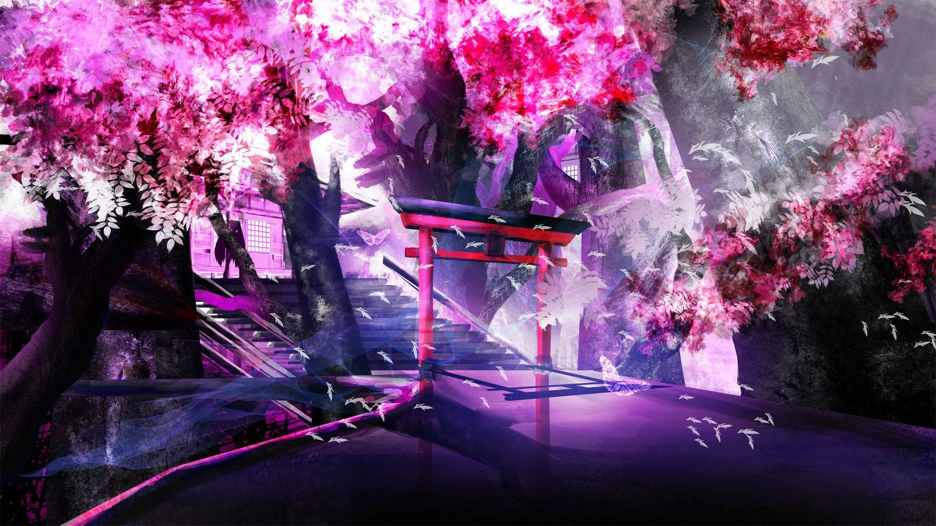 Anime Landskap Kersieblombome Muurpapier