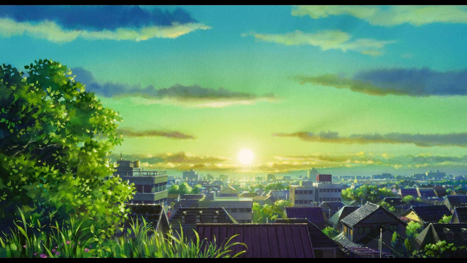 Anime-landskap met Opkomende Son Muurpapier