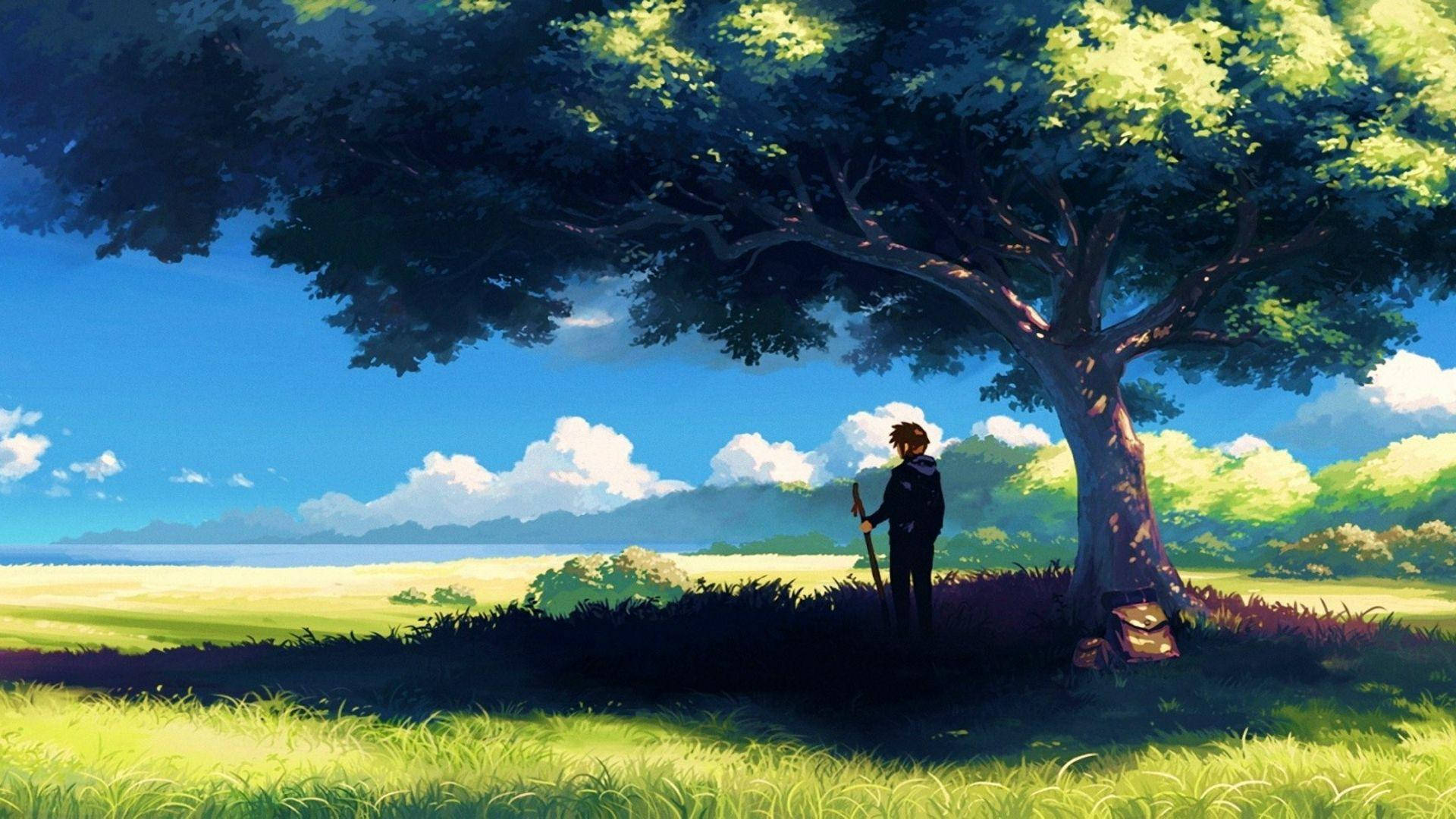 Anime-landskap Man Onder 'n Boom Muurpapier