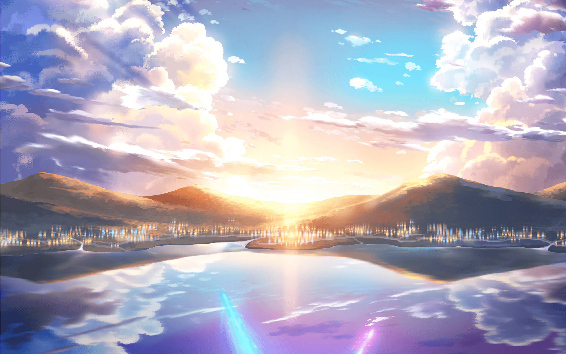 Anime Landskap Sondergloed Op Berge Muurpapier