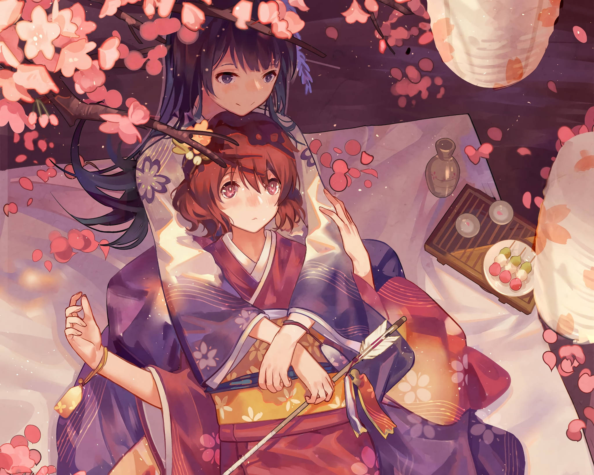Anime Lesbiese Kimono Muurpapier