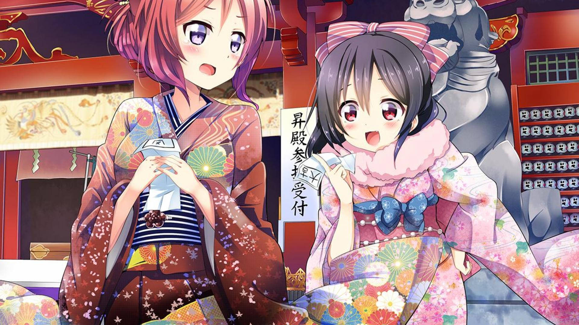 Anime Lewende Meisies in Yukata Muurpapier