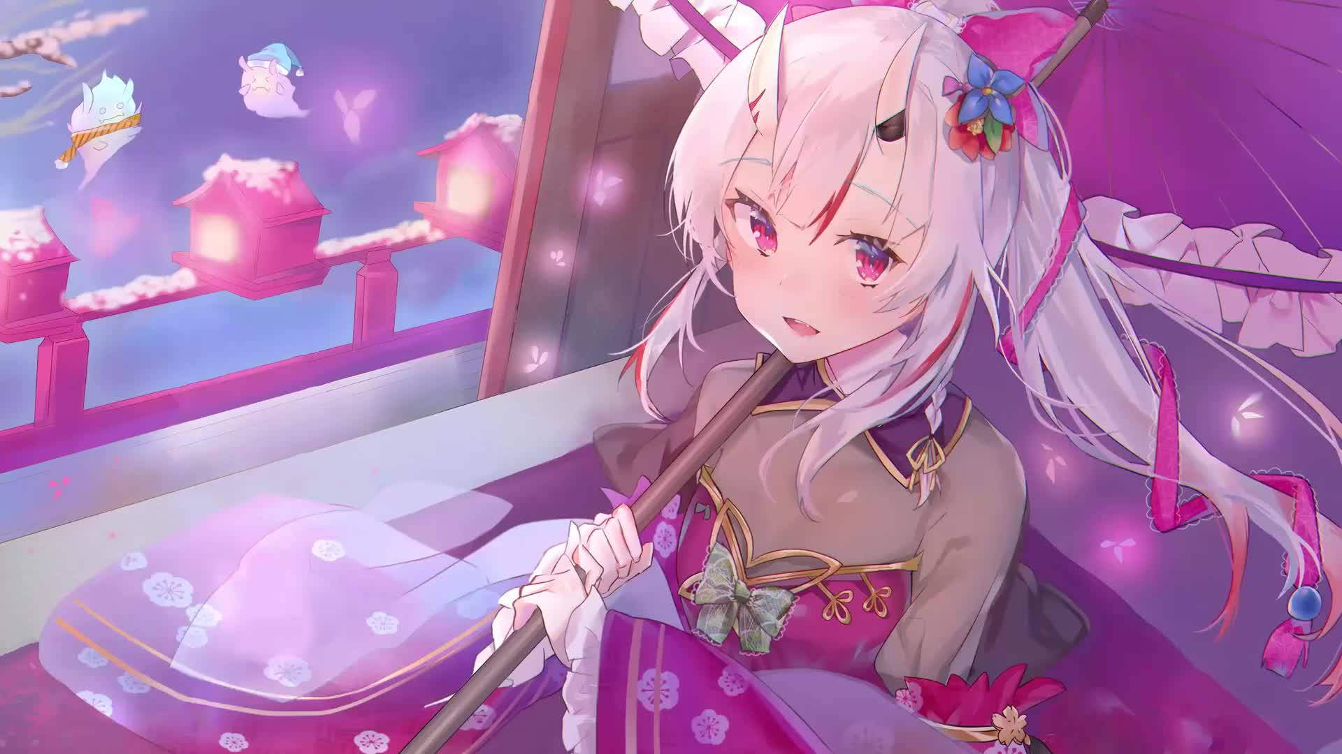 Anime Live Wit-Harige Meisie agtergrond — Anime landskap GIF Muurpapier
