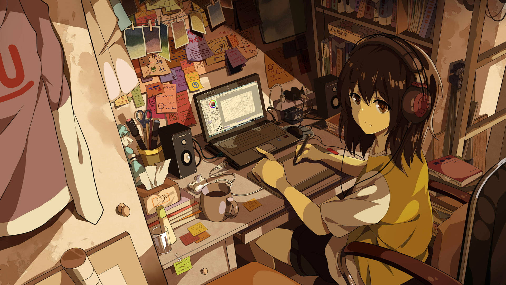 Anime Meisie Gebruik Stilus op Skootrekenaar-aanraakblad Muurpapier