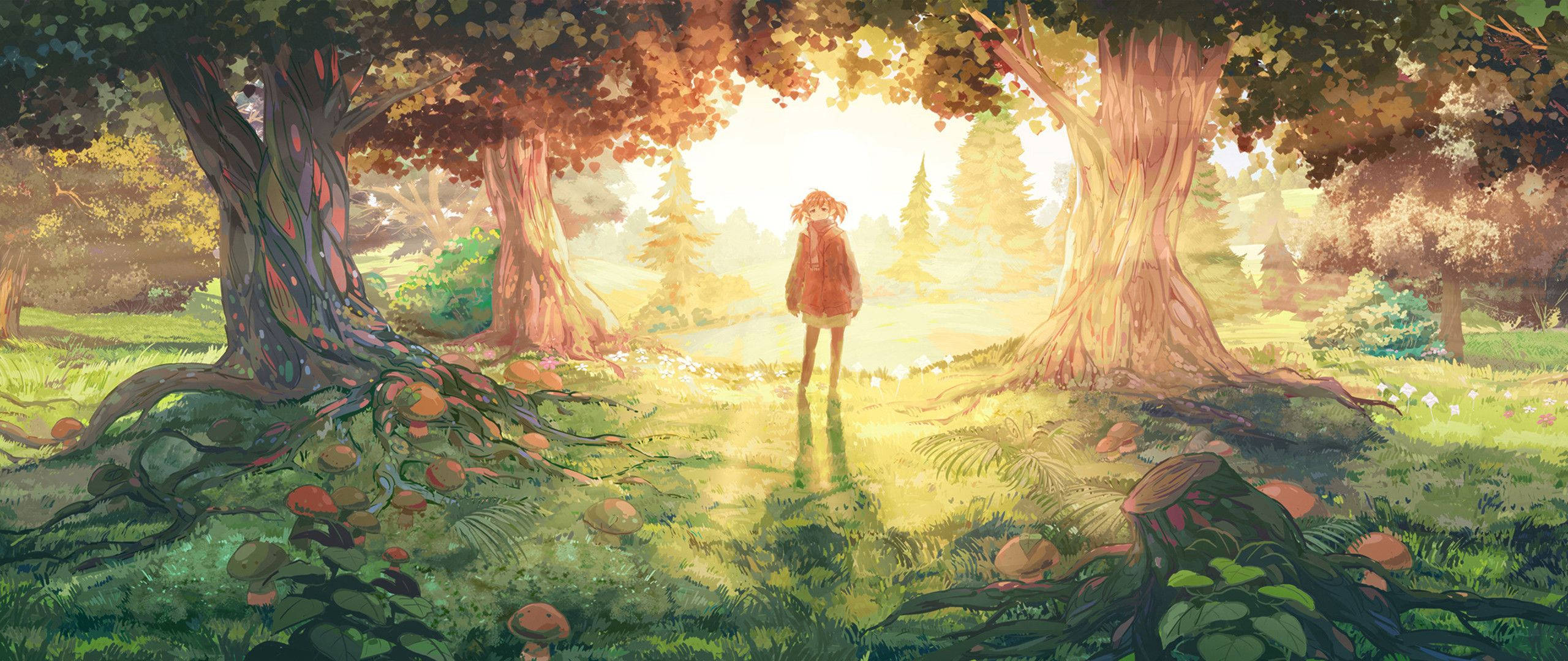Anime-meisie geniet die rustigheid van die bos Muurpapier