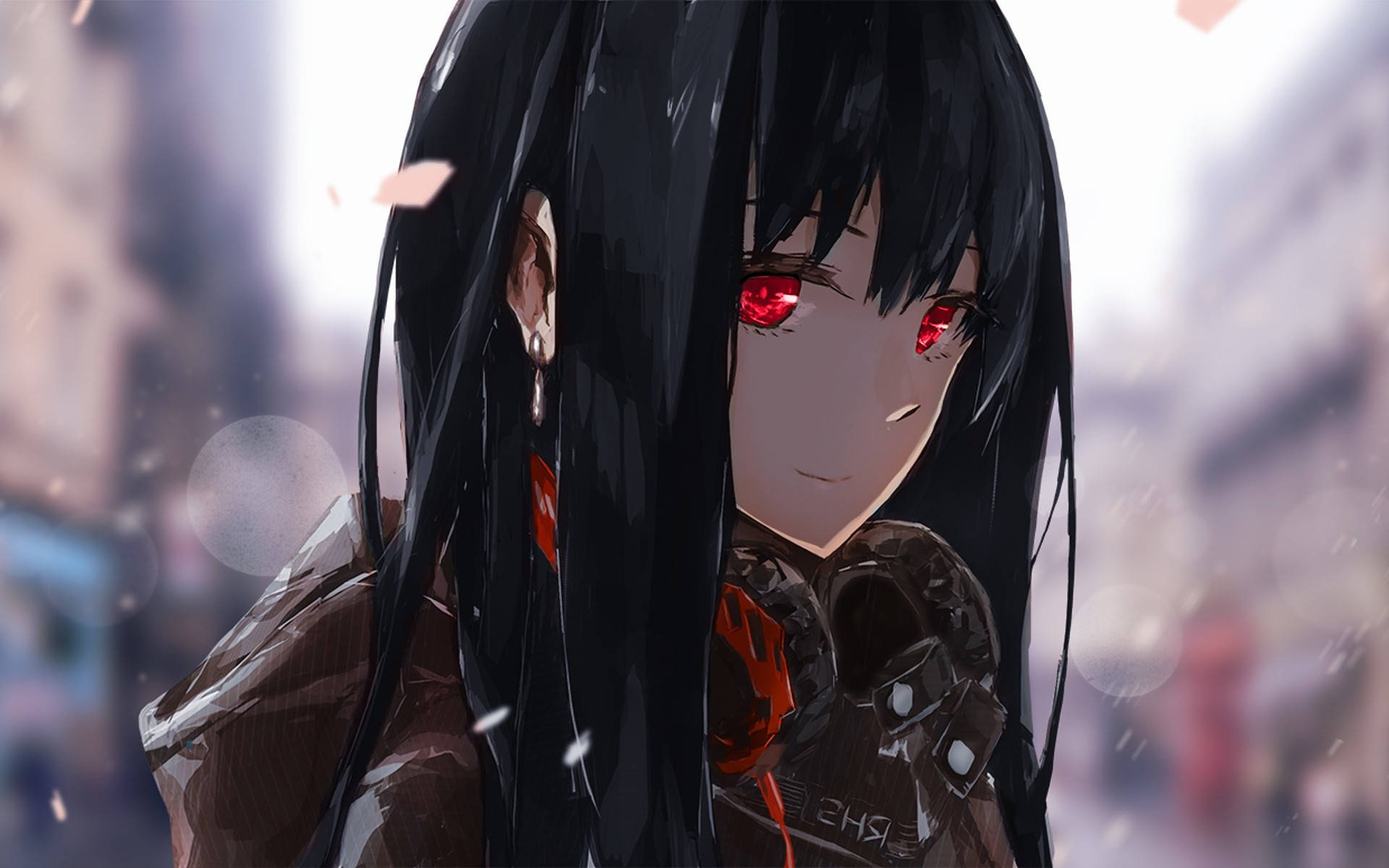 Anime Meisie Hoodie Met Rooi Oë Muurpapier