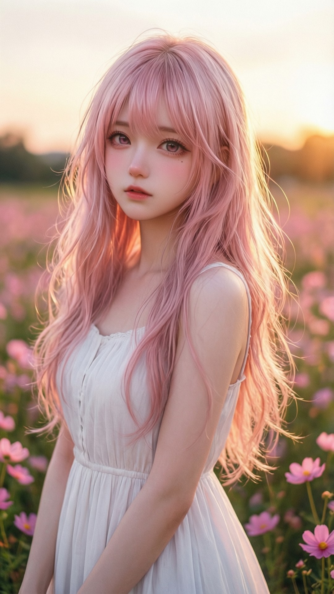 Anime Meisie in Pienk Veld Muurpapier