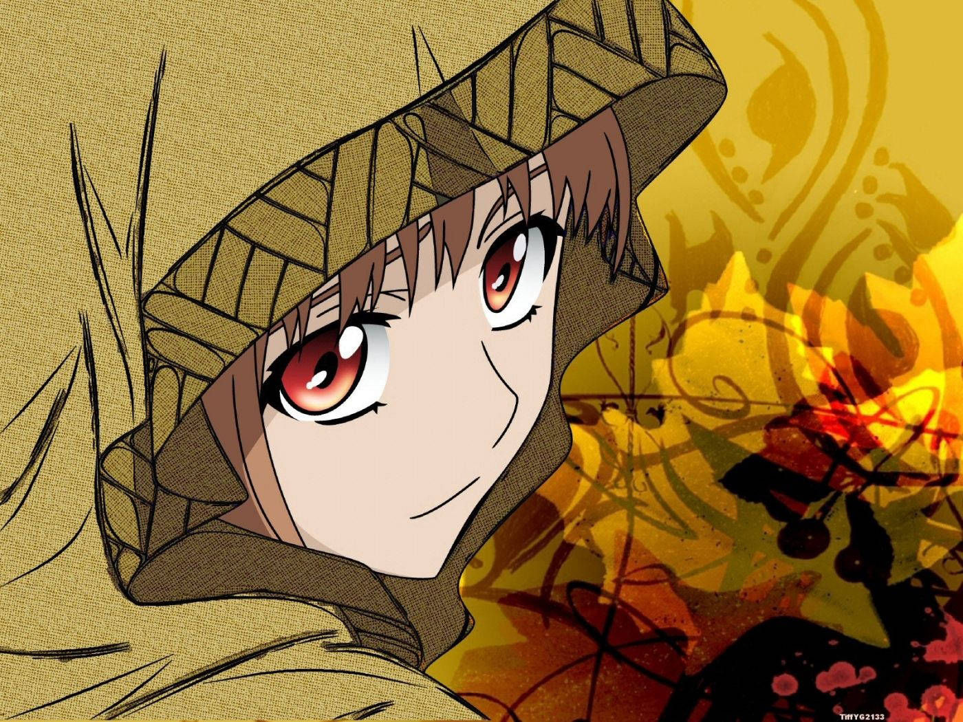 Anime-meisie met 'n bruin mantel op 'n vintage oppervlak agtergrond — Anime meisie Muurpapier