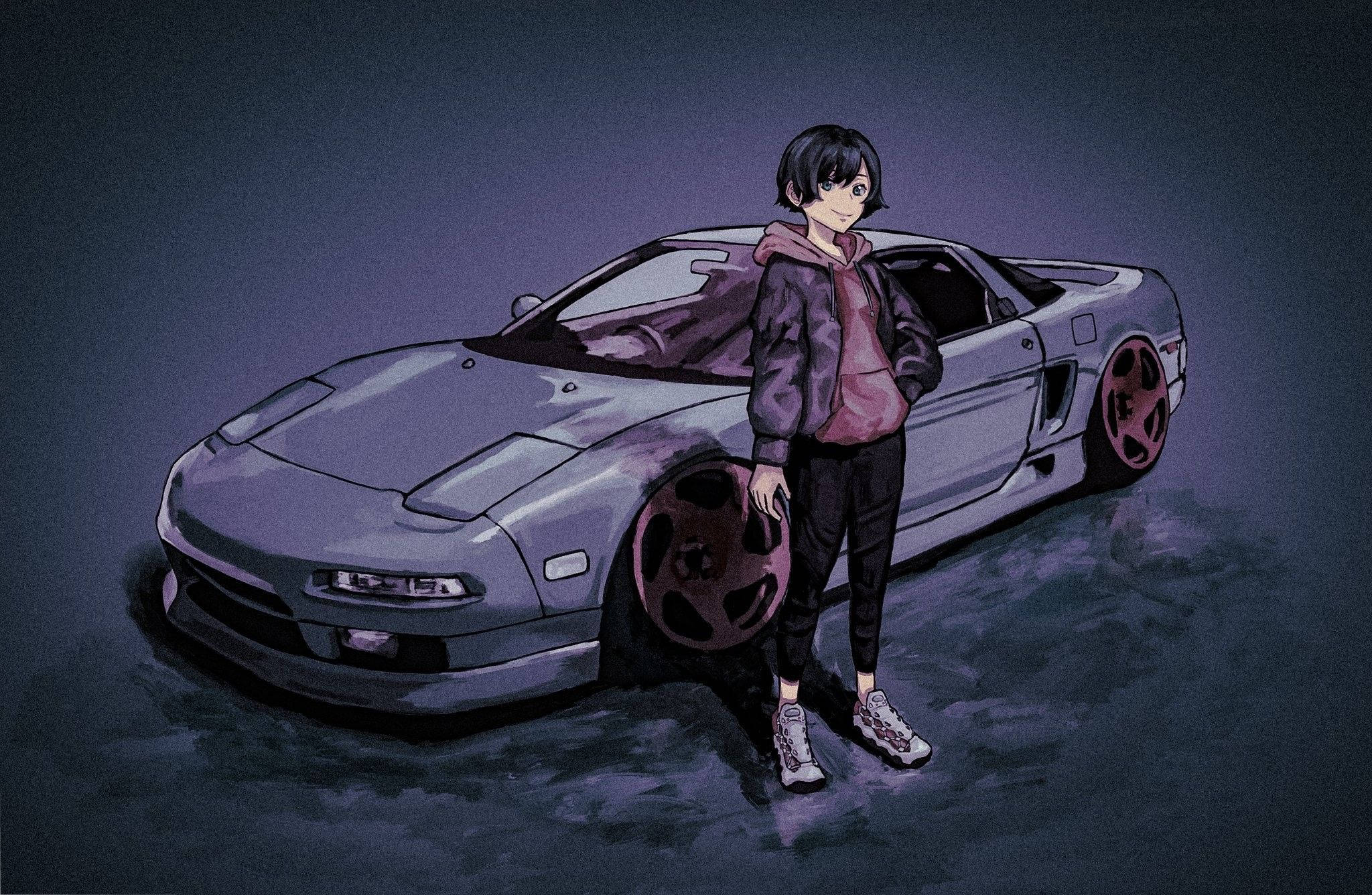 Anime meisie in Kapstaan langs 'n Motor Muurpapier