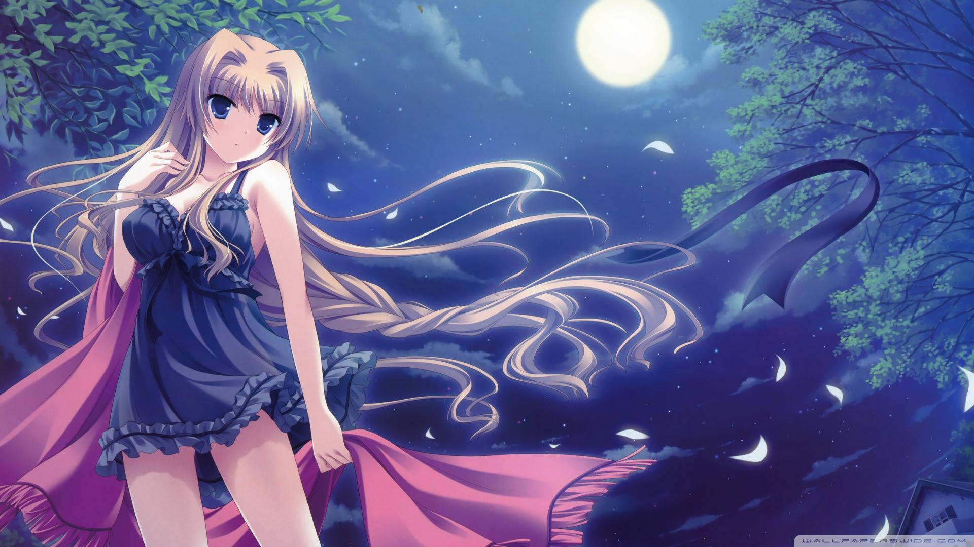Anime-meisie wat lingerie onder 'n volmaan dra agtergrond — Anime meisie Muurpapier