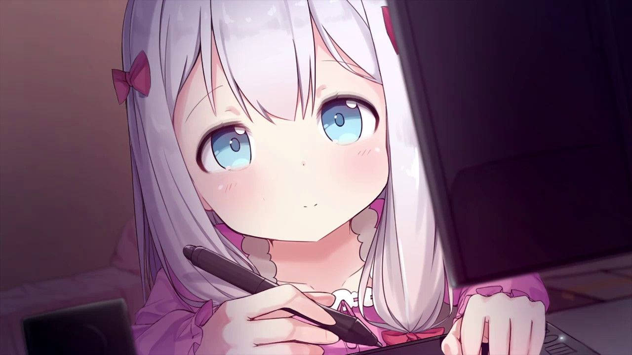 Oulike anime-meisie, Izumi Sagiri wat iets skryf terwyl sy na 'n skootrekenaar kyk agtergrond — Anime meisie Muurpapier