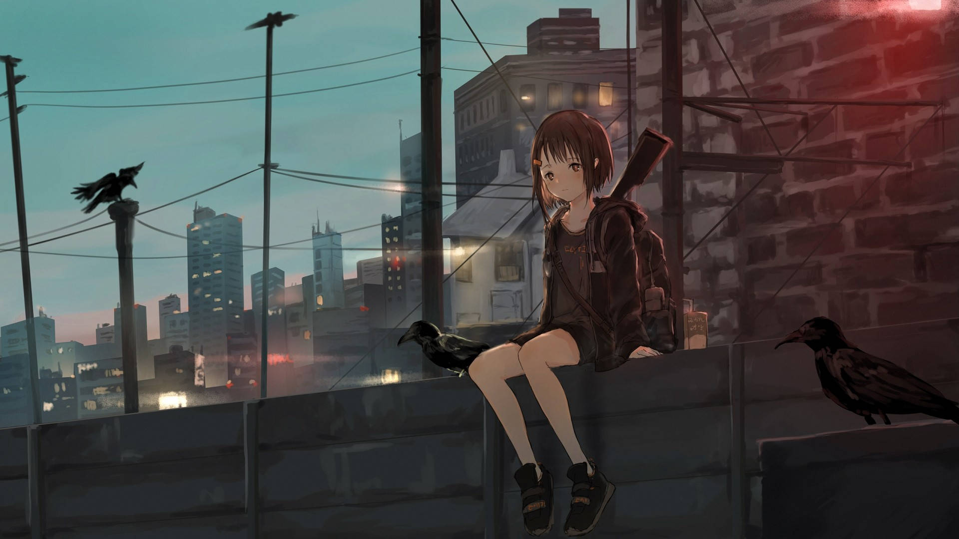 Anime-meisie Kapstoe Op Straat Muurpapier