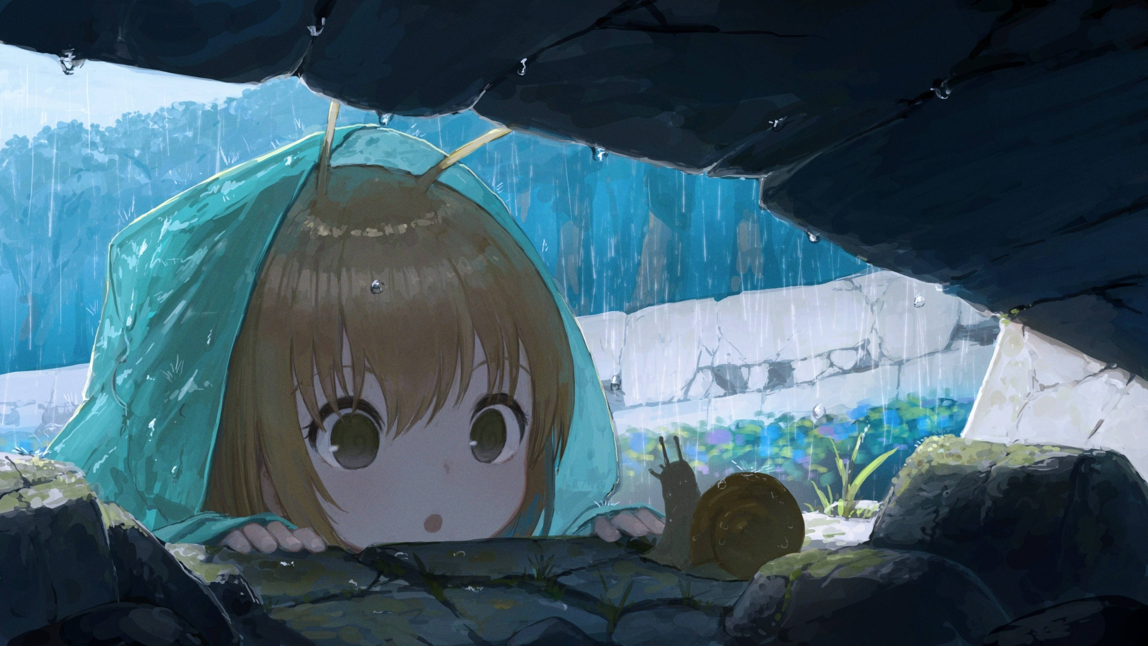 Anime Meisie Kapoets Met 'n Slak Muurpapier