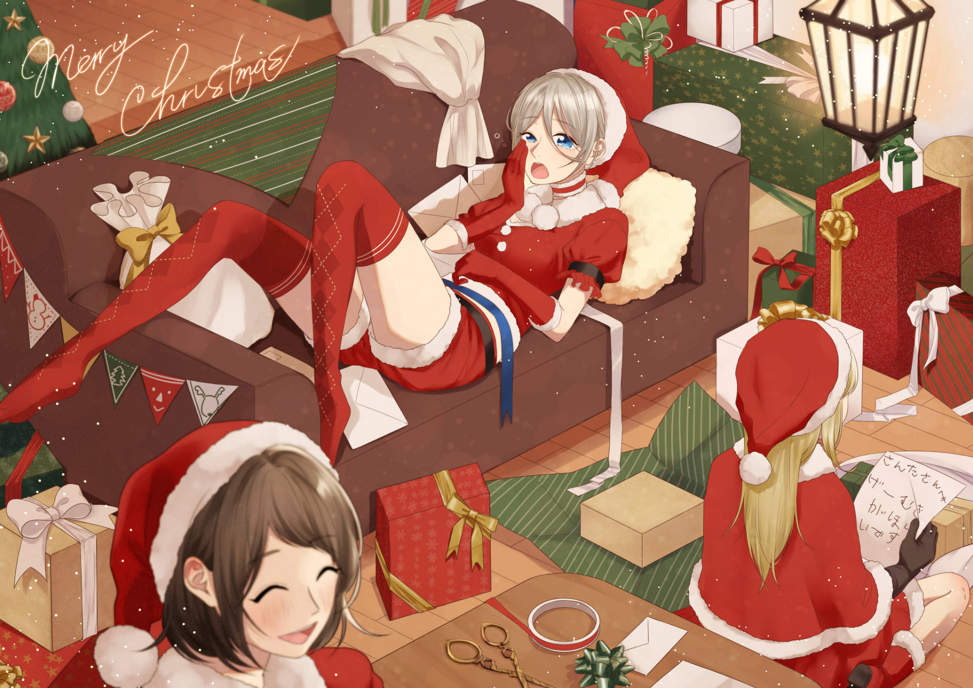 Anime-meisie Kersfees Helpers Muurpapier