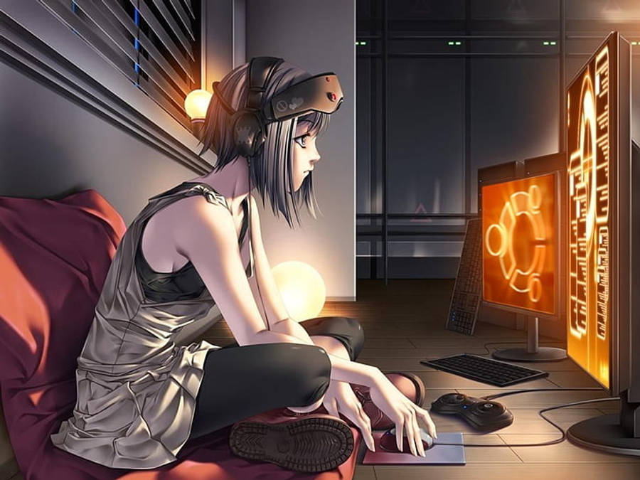 Anime Meisie Kyk Naby Die Skootrekenaarskerm Muurpapier