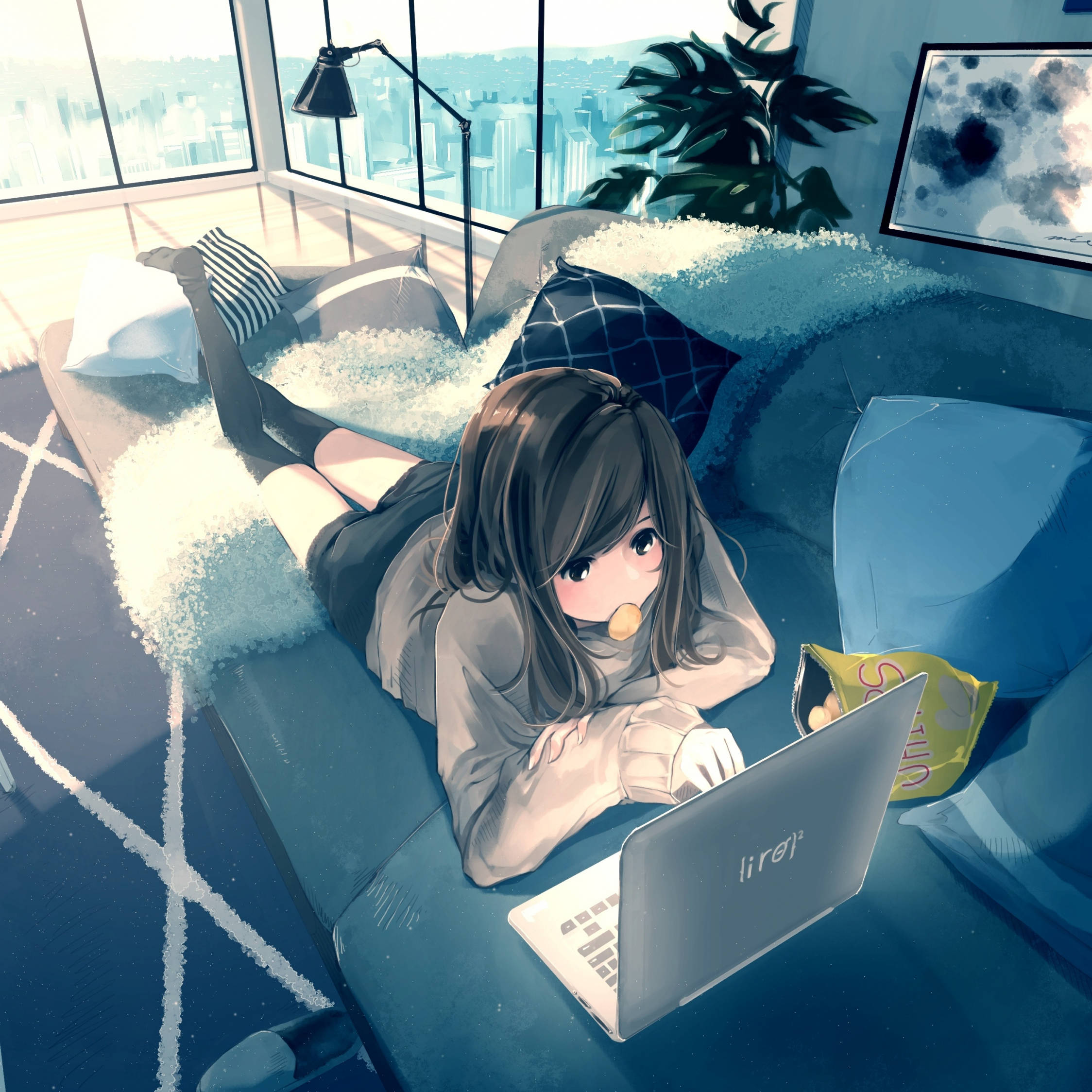 Anime Meisie Lê en Werk Op Haar Skootrekenaar Muurpapier
