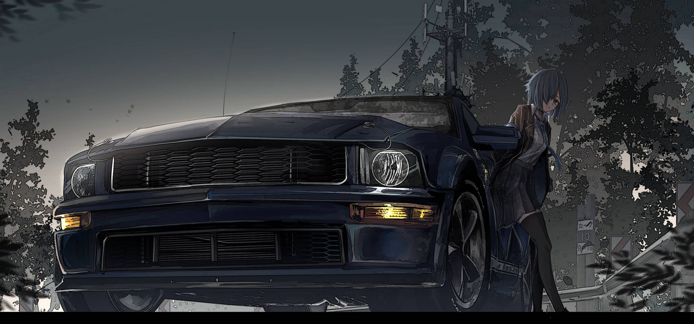 Anime Meisie Leun Op 'n Mustang Motor Muurpapier