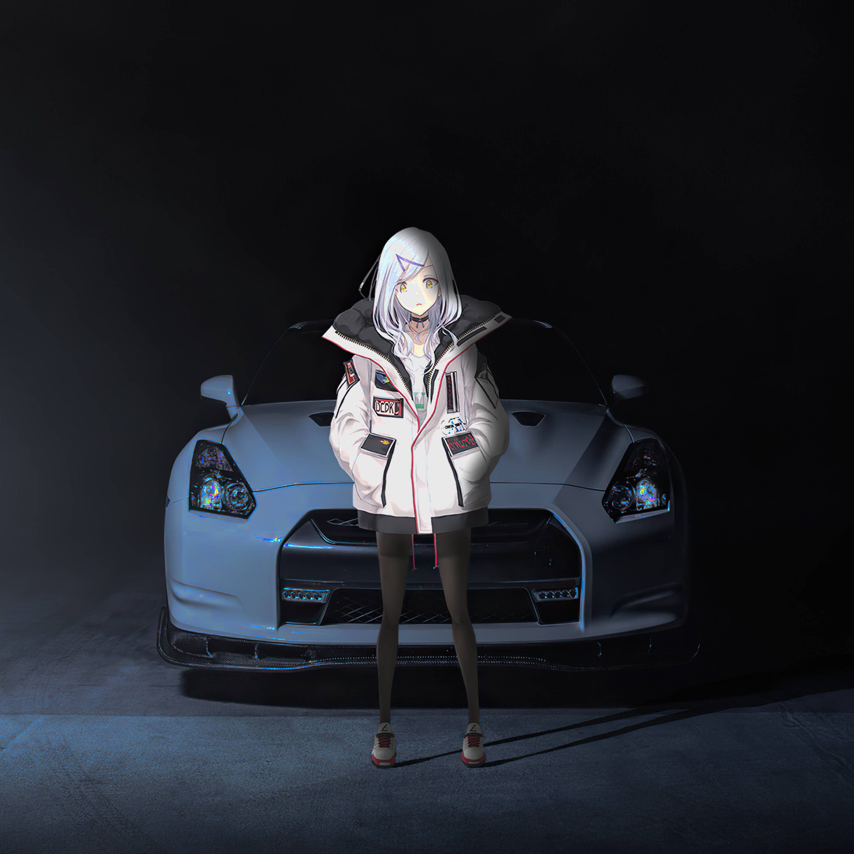 Anime-meisie met 'n motor vir iPad Muurpapier