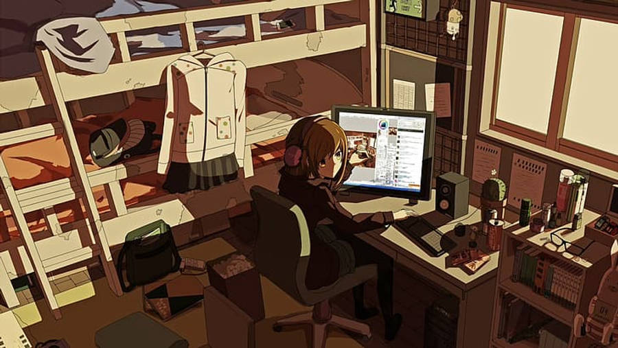 Anime-meisie se skootrekenaar-werkstasie verlig deur skaduwees Muurpapier