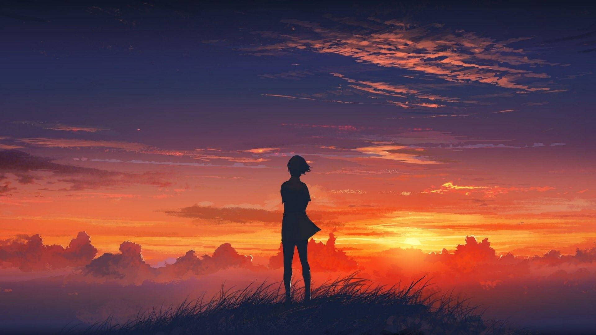 Anime Meisie Silhoeet Sondergang Esteties Muurpapier