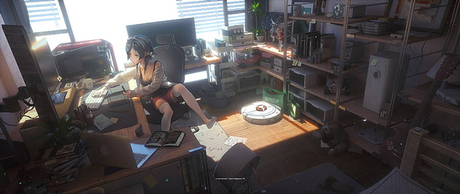 Anime-meisie sit gemaklik en werk op haar skootrekenaar Muurpapier