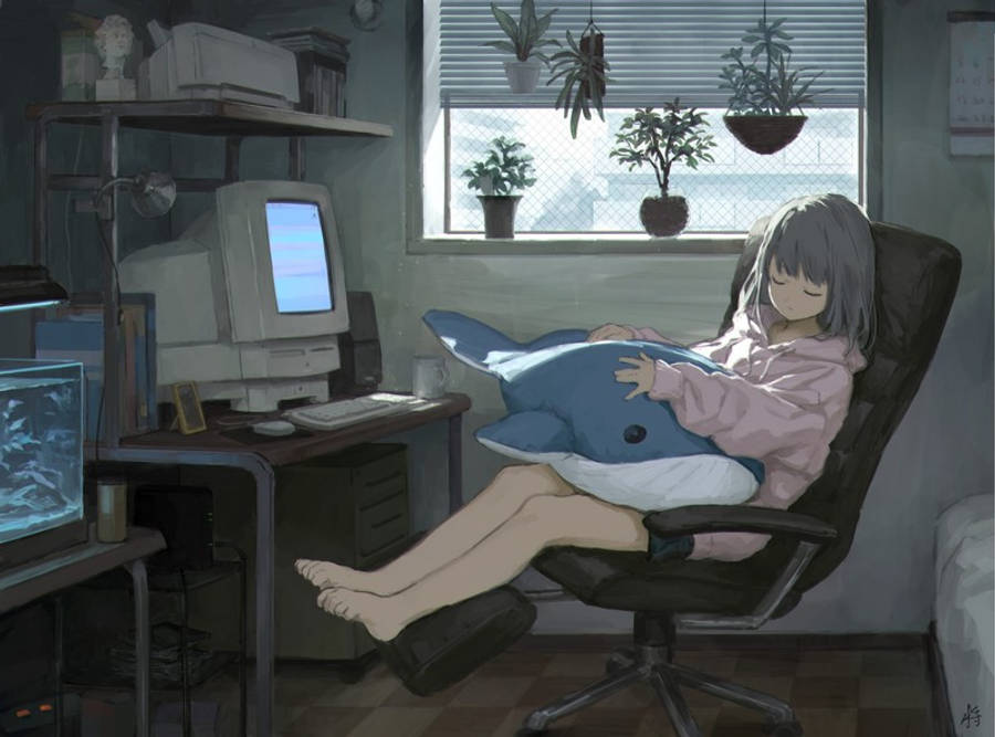 Anime Meisie Slaap Voor Skootrekenaar Muurpapier