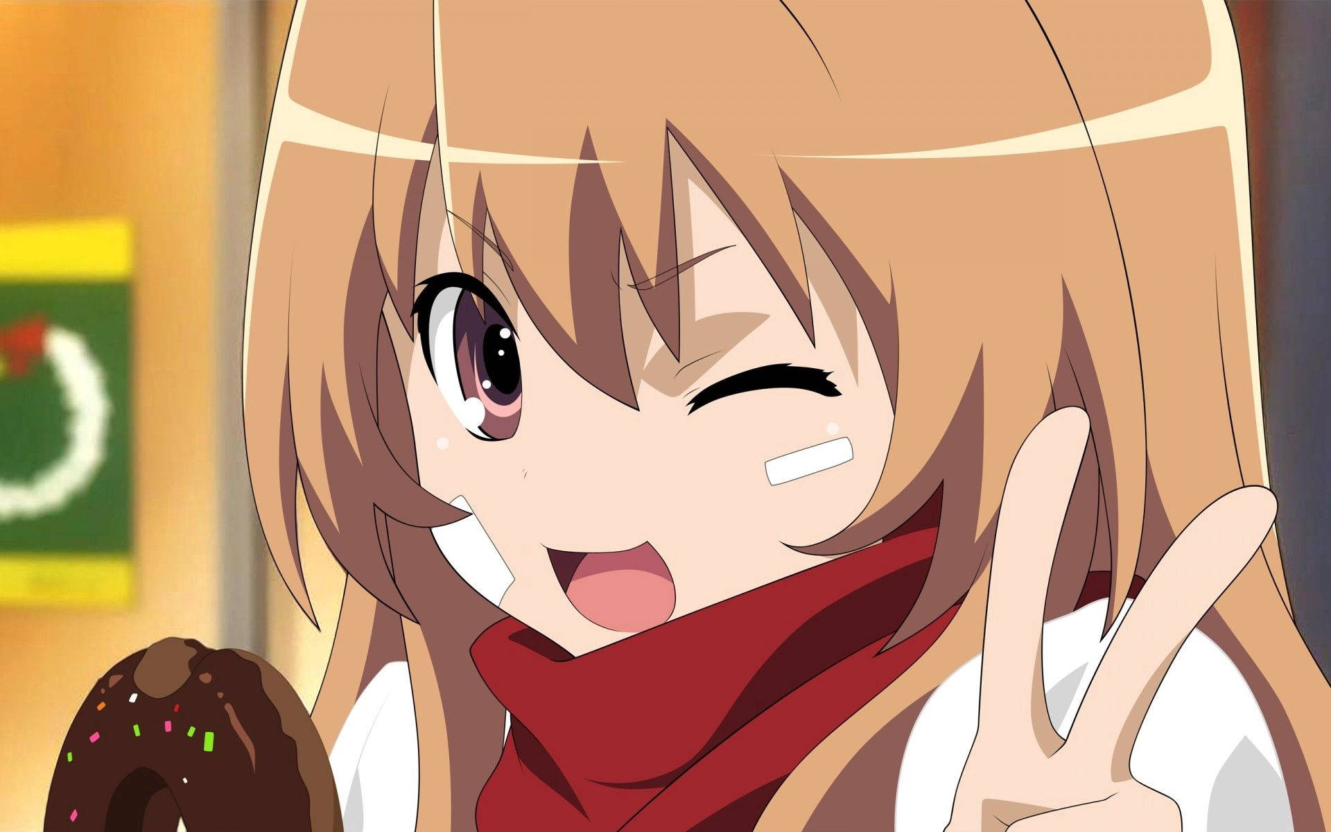 Taiga Aisaka van Toradora selfie foto met vrede teken agtergrond. — Anime meisie Muurpapier