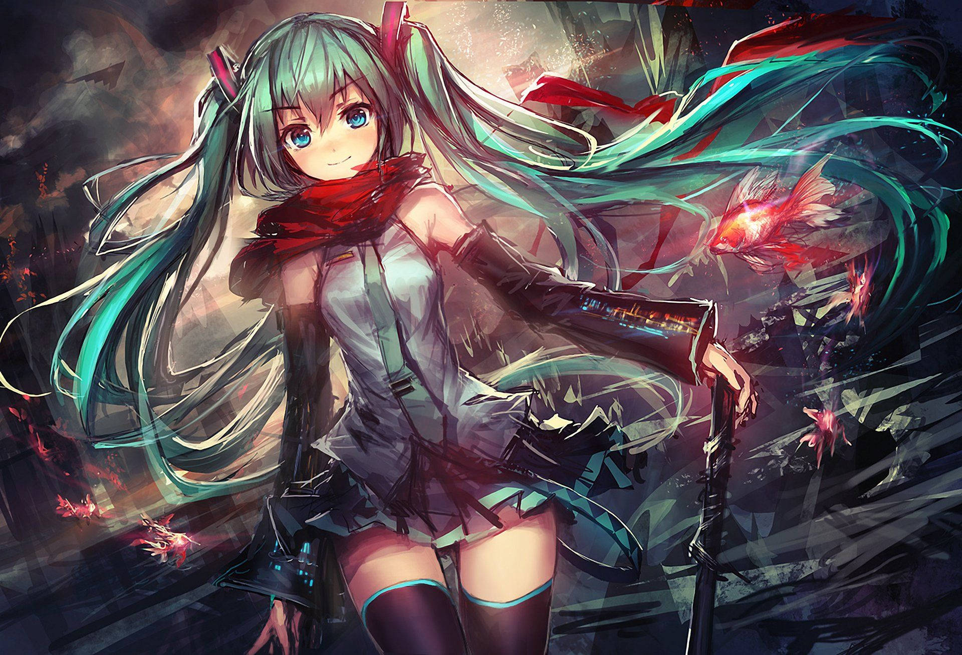 Anime-meisie en vocaloid Hatsune Miku met lang blou poniesterthare agtergrond — Anime meisie Muurpapier