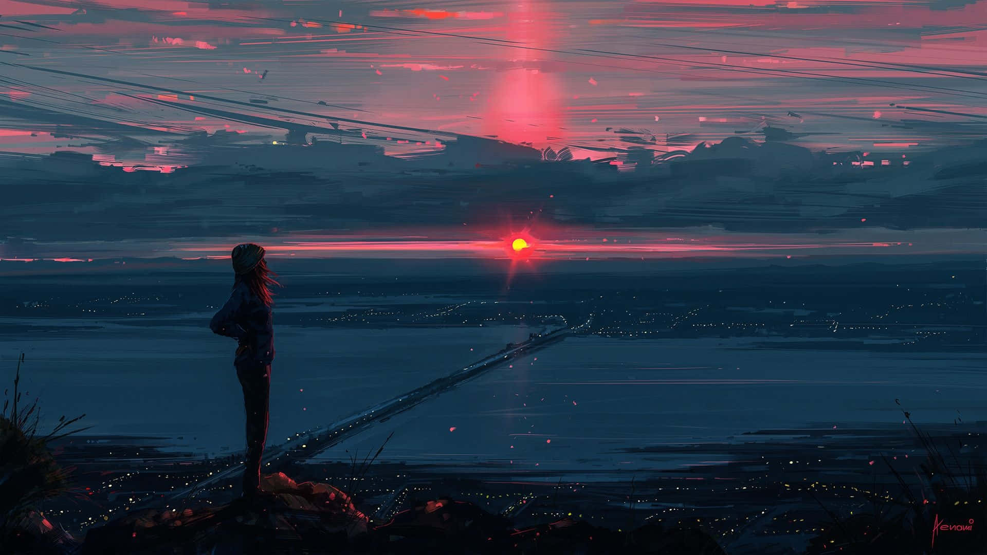 Anime Meisie wat Sonsondergangstad vanaf Krans oor sien Muurpapier