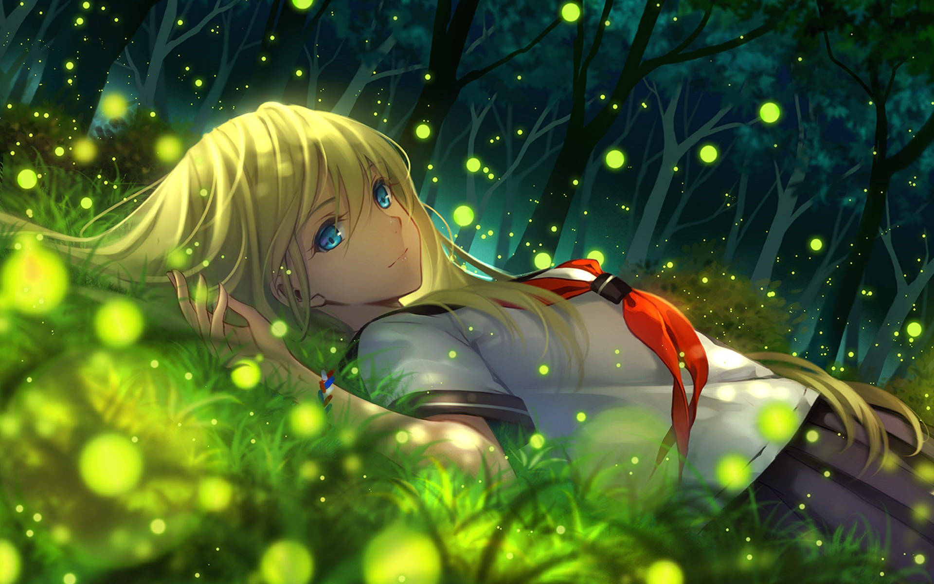 Anime-meisie wat op die gras lê met gloeiende sirkels wat oprys agtergrond — Anime meisie Muurpapier