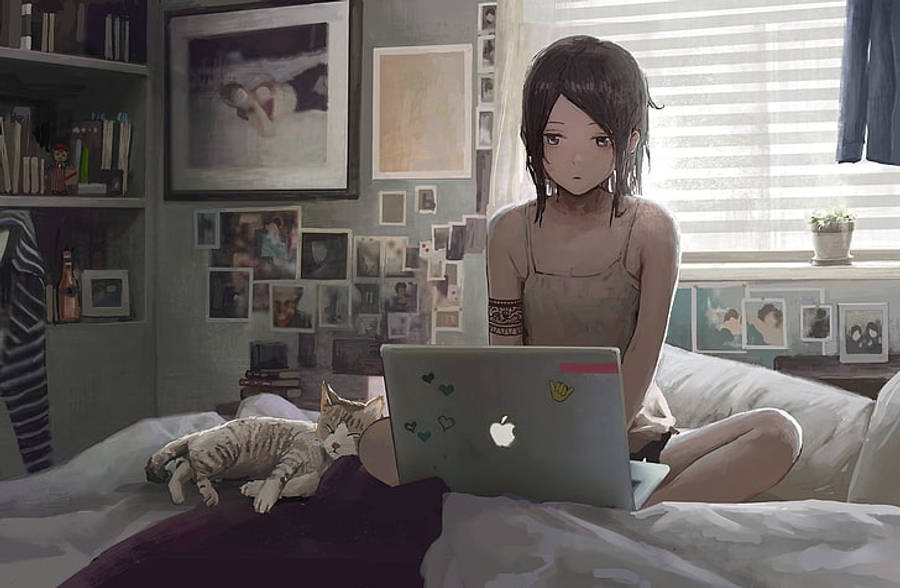 Anime Meisie Werk Met Skoenlapper Op Bed Muurpapier