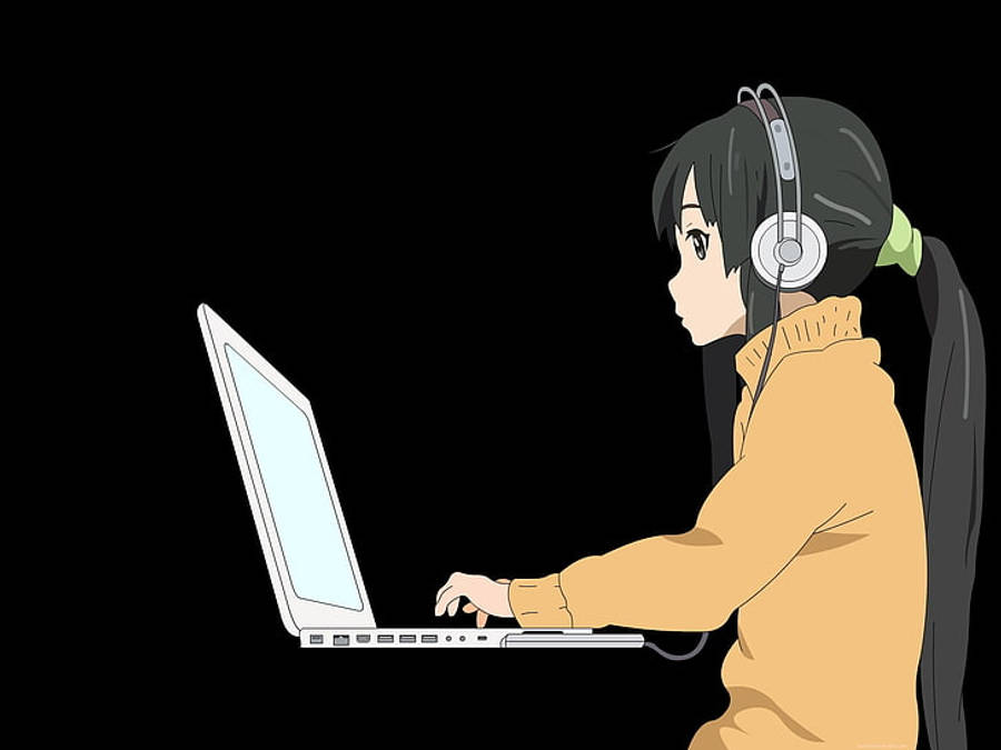 Anime Meisie Werk Op Wit Skraal Skootrekenaar Muurpapier