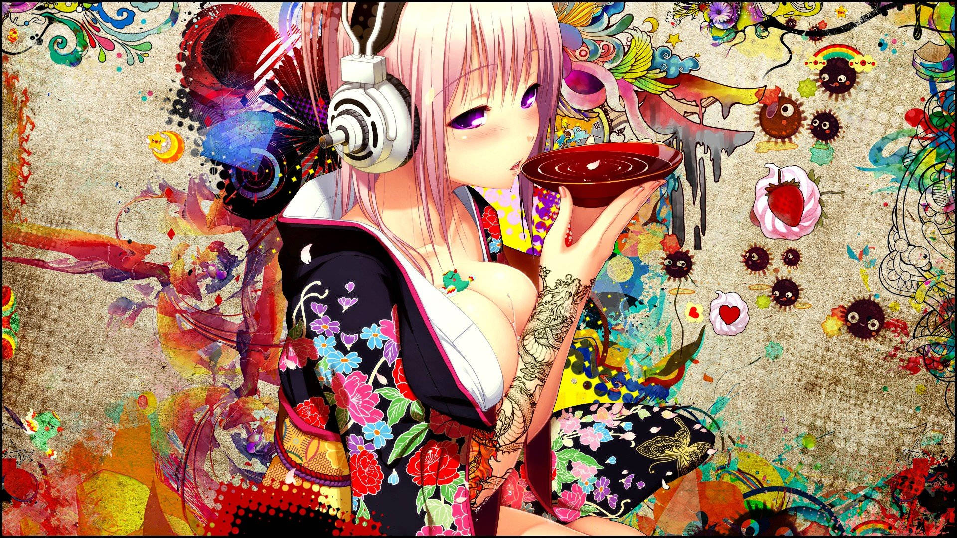 Anime Meisies Borste Sake Muurpapier