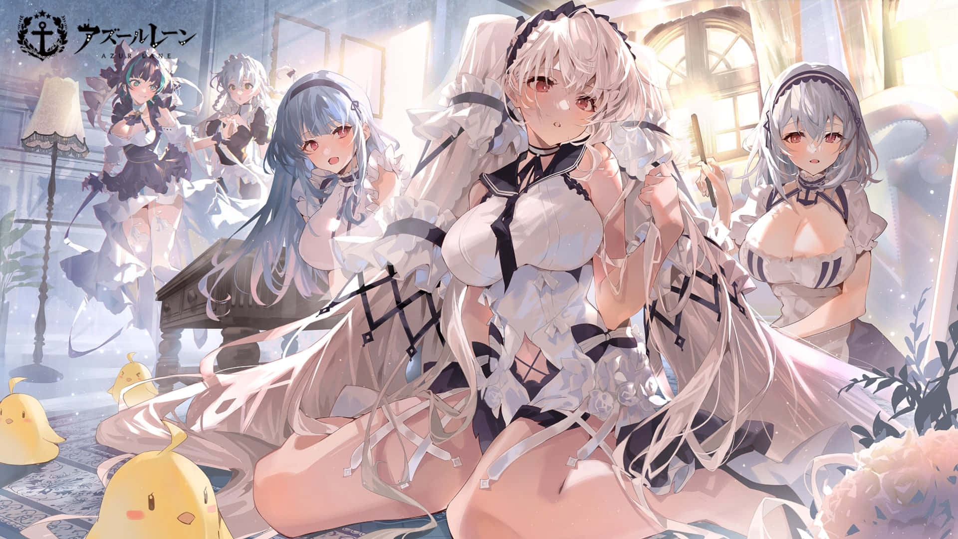 Anime Meisies met Blou Hare en Eende Muurpapier