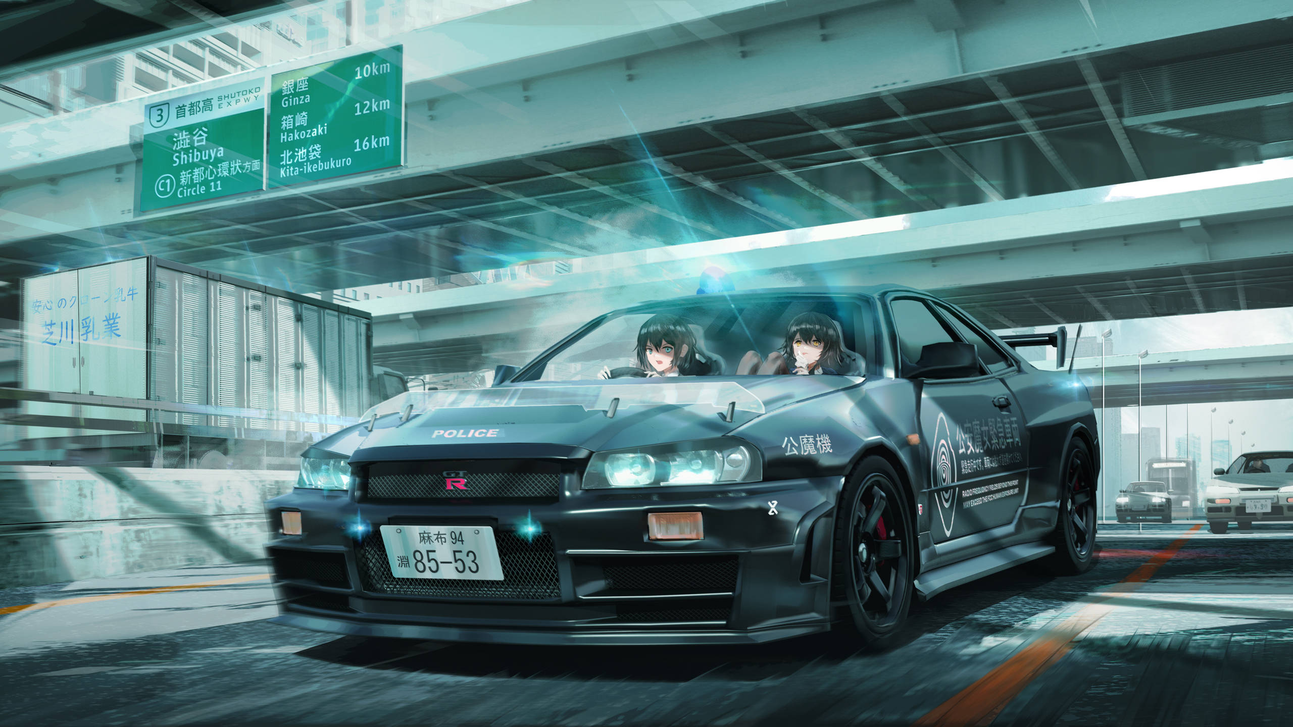 Anime-meisies wat in 'n motor sit Muurpapier