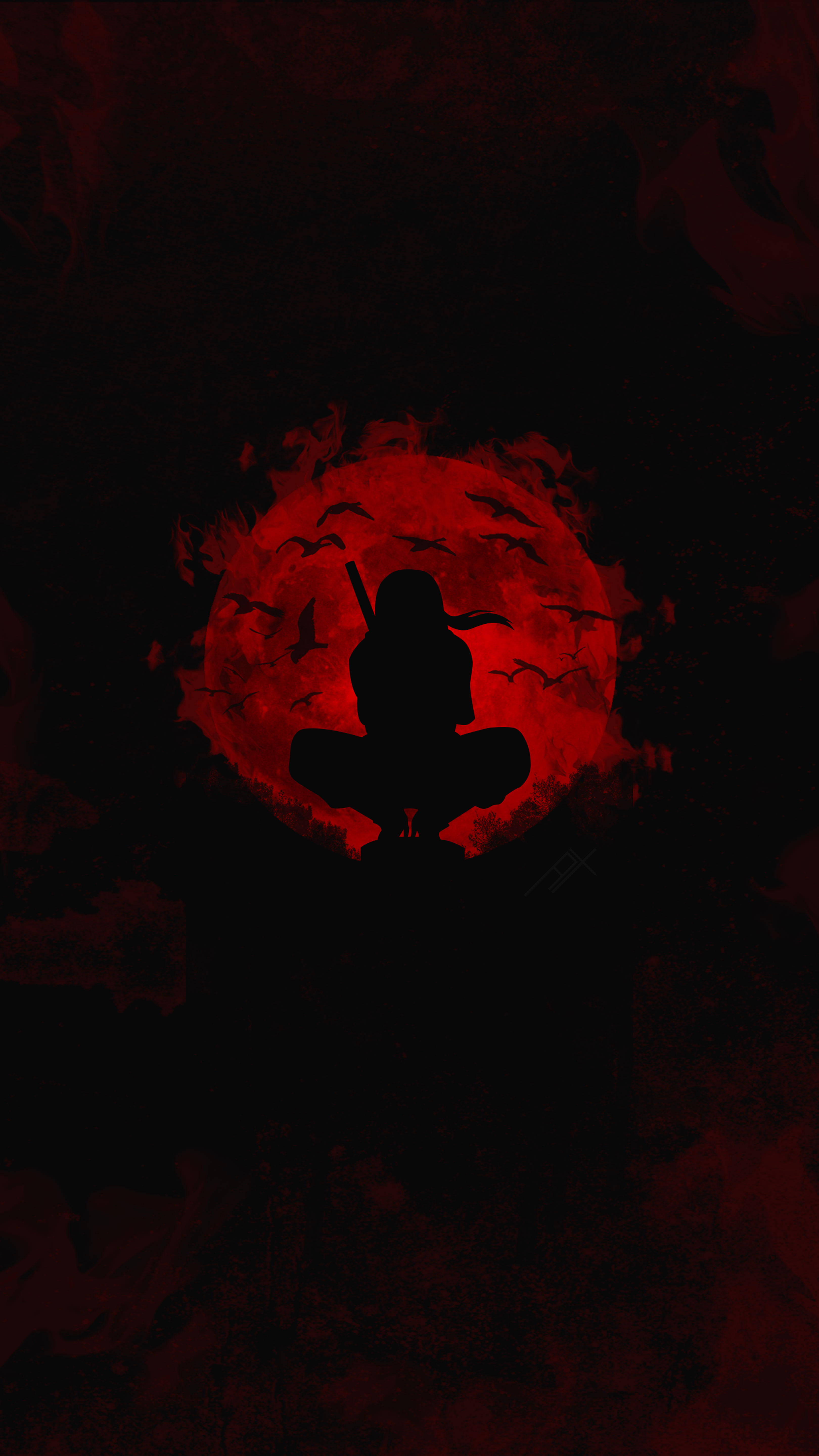 Anime Ninja Uchiha Itachi PFP Rooi Maan Silhoeët Muurpapier