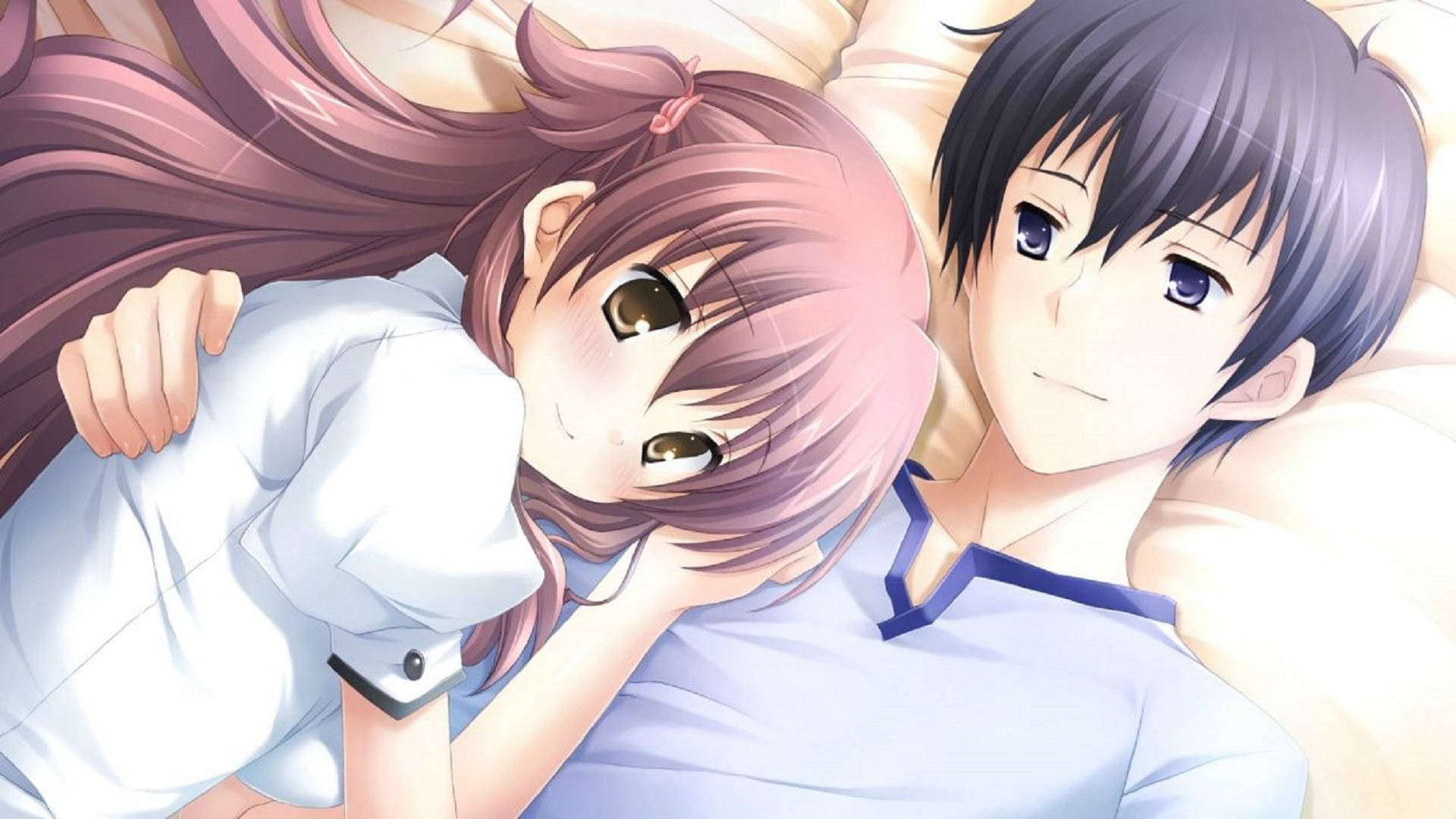 Anime-omhelsing Seun en Meisie in Bed Muurpapier