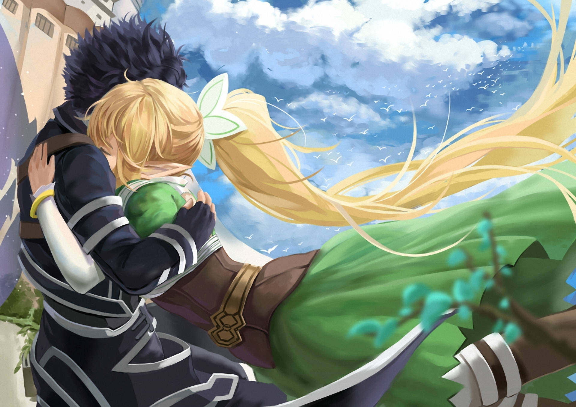 Anime-omhelsing Onder Die Bewolkte Lug Muurpapier
