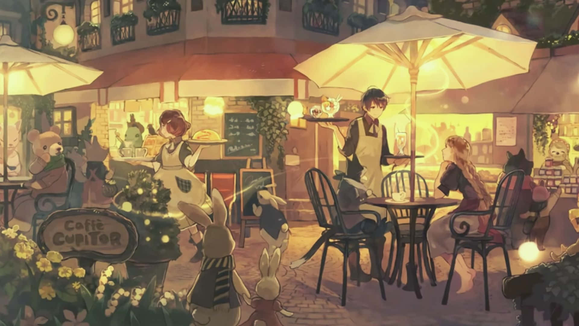 Anime Oop Kafee Agtergrond Muurpapier