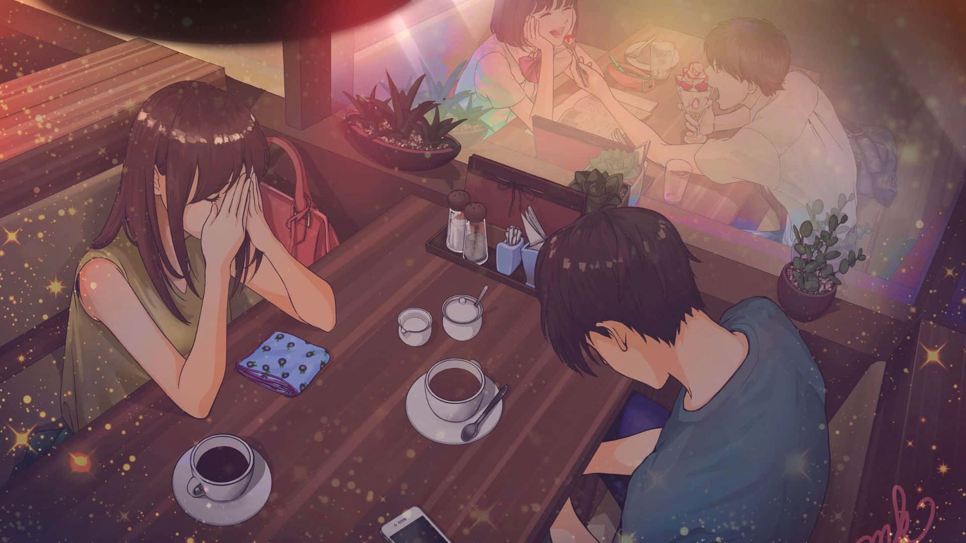 Anime Paar in Kafee Agtergrond Muurpapier