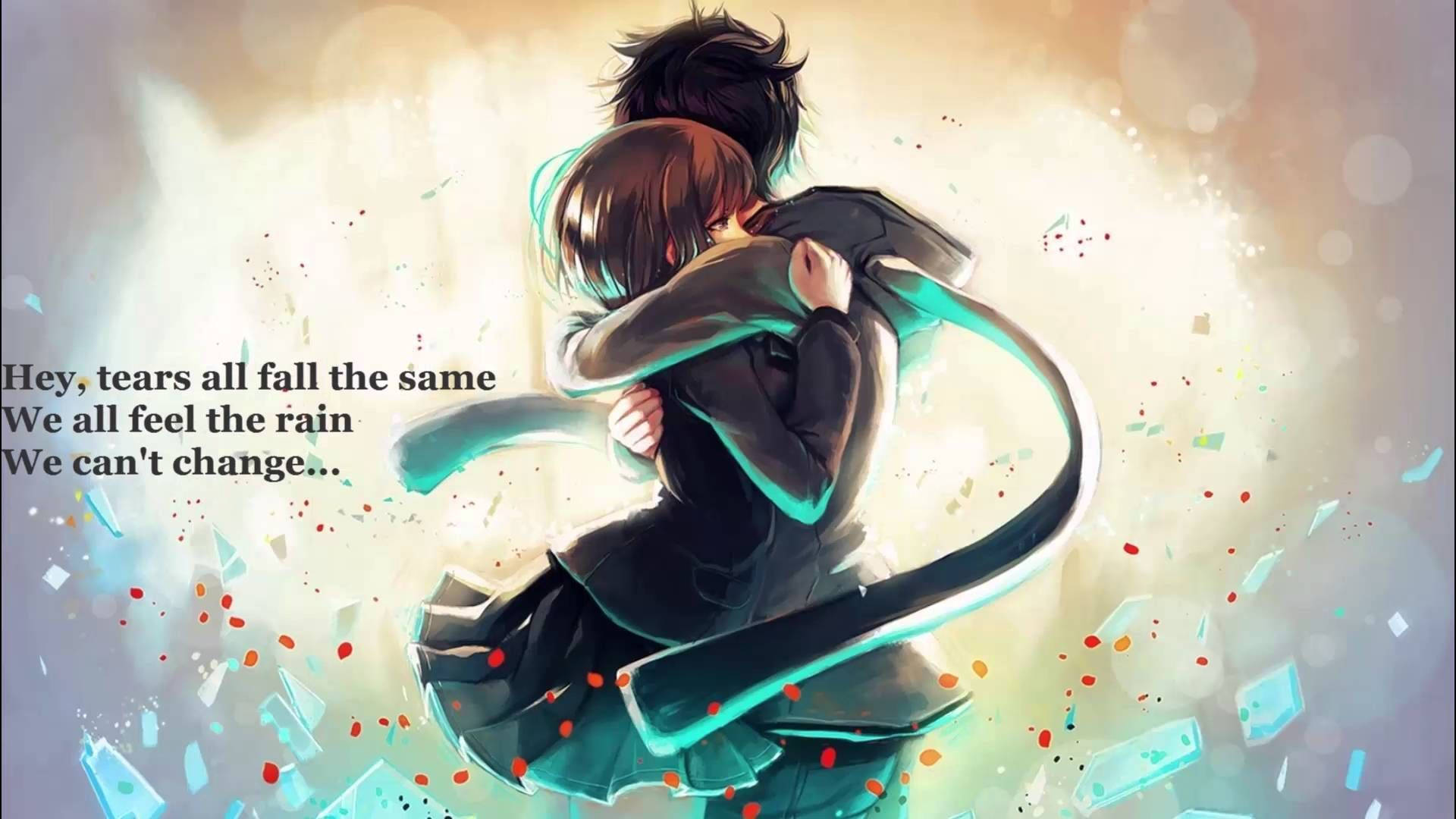 Anime Paar Omhelsing Met Aanhaling Muurpapier