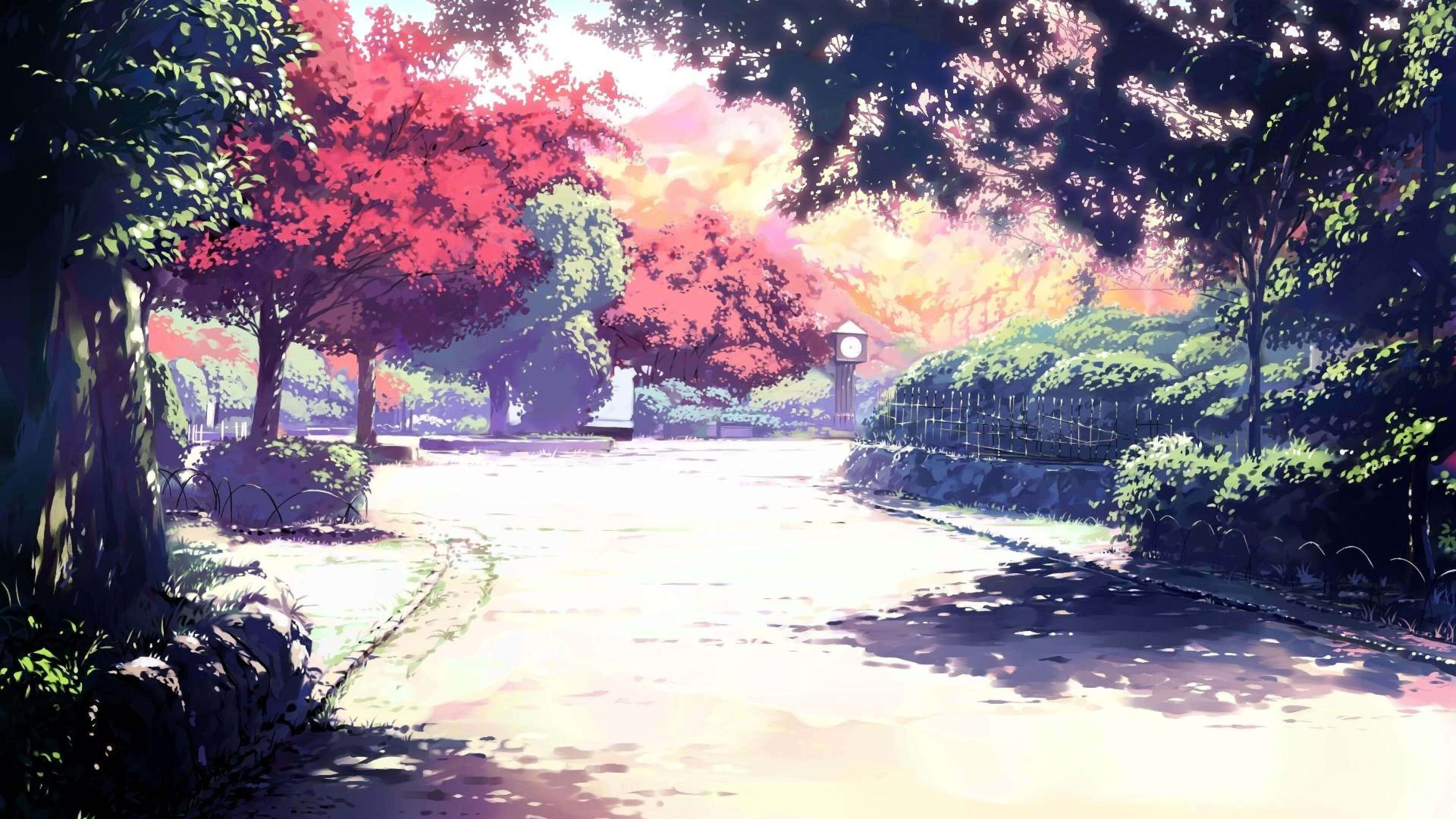 Anime Park Sonnige Bome Agtergrond Muurpapier