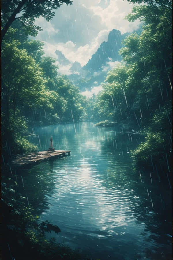 Anime Reënerige Meer in Groen Bos Vreedsame Natuur 4K Muurpapier