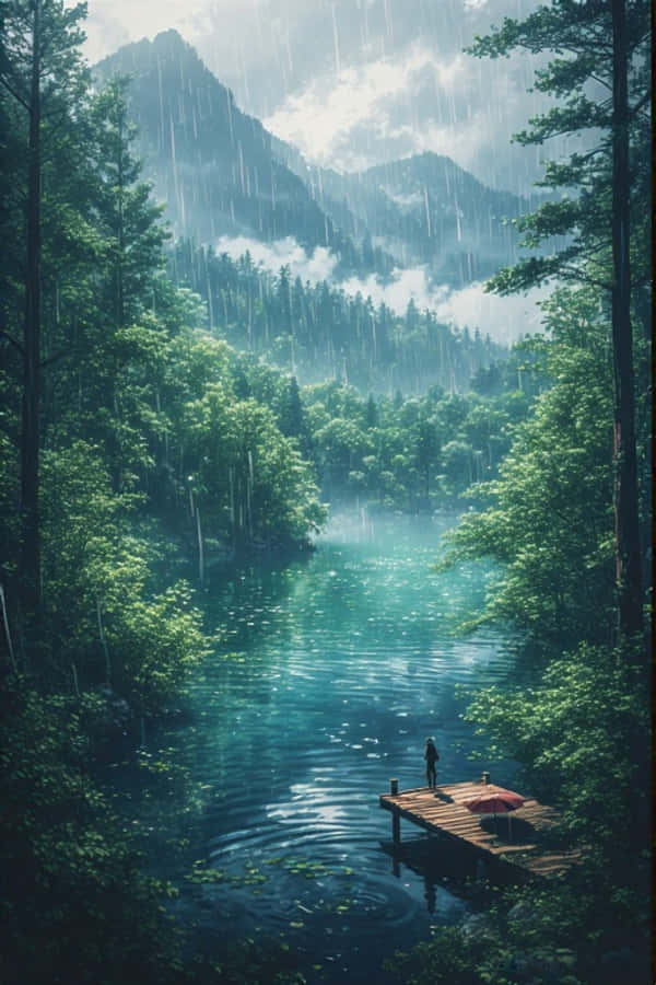 Anime Reënerige Meer in Groen Woud Rustige Natuur 4K Muurpapier