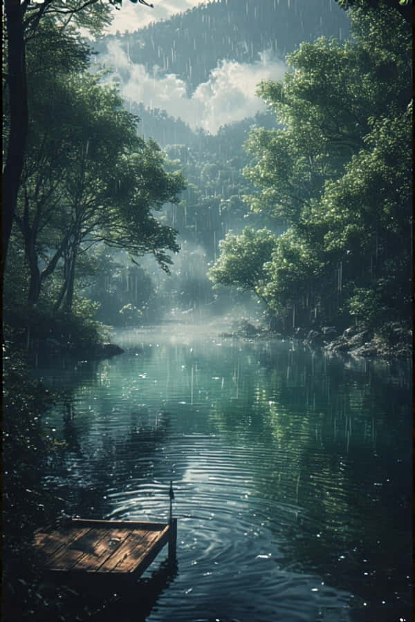 Anime Reënerige Meer in Groen Woud Rustige Natuur 4K Muurpapier