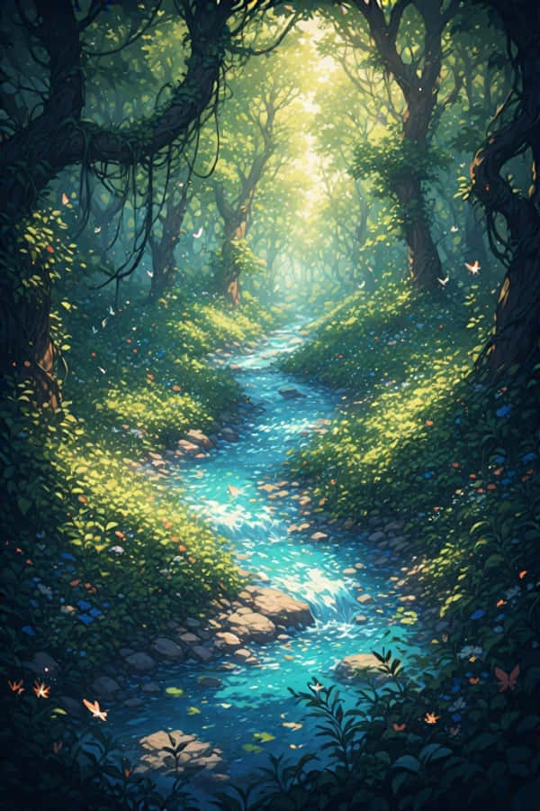 Anime Rivier in Wilde Groen Woud Lewendige Natuur 4K Muurpapier