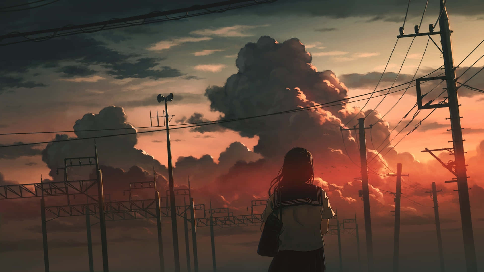 Anime Sonsondergang — Anime meisie Muurpapier