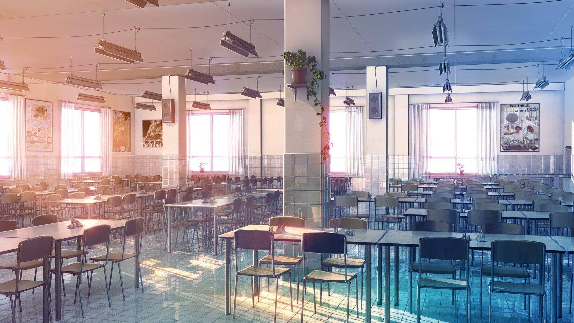 Anime Skooltoneel Leë Kafeteria teen Sondergang Muurpapier
