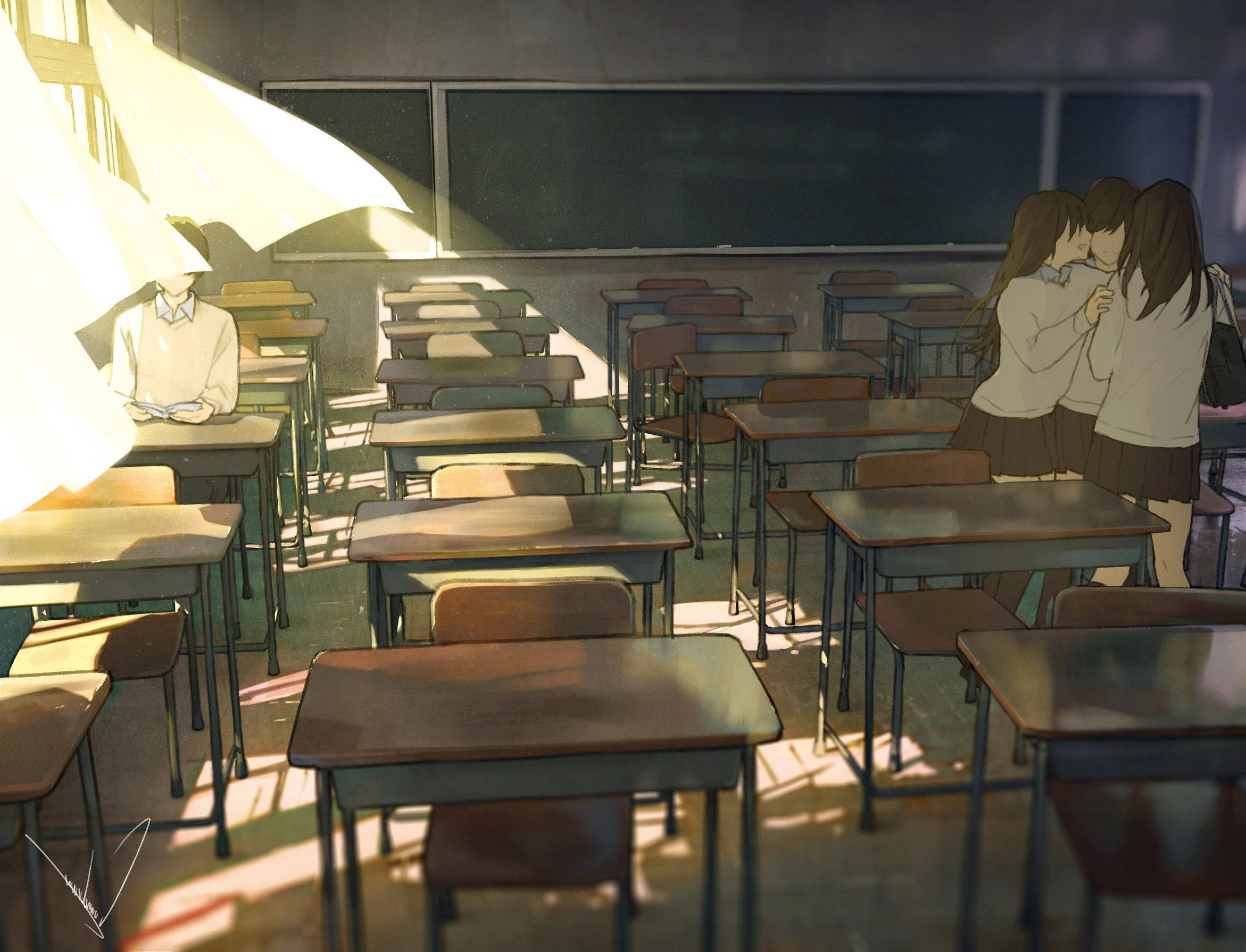 Anime-skooltoneel met studente in donker klaskamer Muurpapier