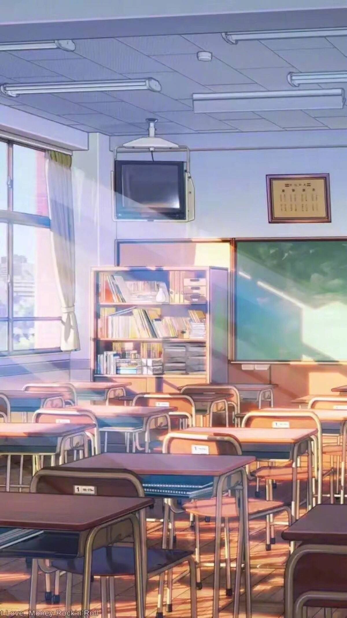 Anime-skooltoneel Klaskamer met TV Muurpapier